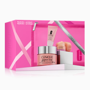 Clinique Hydrate Protect zestaw prezentowy krem do twarzy Moisture Surge SPF25 50 ml + krem pod oczy All About Eyes 5 ml + balsam do ust Moisture Surge 7 ml + kosmetyczka