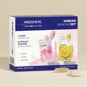 Mediheal Korean Skincare Set zestaw masek w płachcie Mediheal Vitamin C 24 ml + Mediheal Collagen 24 ml + szklany masażer Glass Spoon