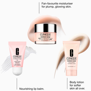 Clinique Hydration Essentials zestaw prezentowy krem-żel do twarzy Moisture Surge 100H 30 ml + balsam do ciała Moisture Surge 30 ml + balsam do ust Moisture Surge 7 ml + kosmetyczka