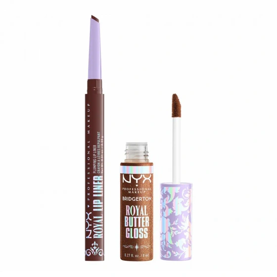NYX Professional Makeup Bridgerton Royal Treasures Lip Kit 06 zestaw do makijażu ust błyszczyk Royal Butter Gloss Pout and About 8 ml + konturówka Royal Lip Liner Toffee Temptation 0,33 g