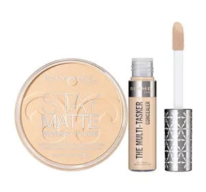 Rimmel zestaw puder do twarzy Stay Matte Transparent 01 + korektor Multi Tasker 20 Fair 