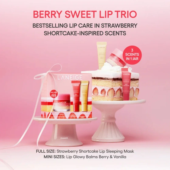 Laneige Berry Sweet Lip Trio zestaw do ust maseczka na noc Strawberry Shortcake 20 g + balsam Berry 5 g + balsam Vanilla 5 g