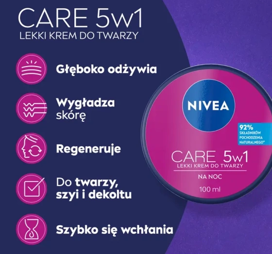 NIVEA Care 5w1 lekki krem do twarzy na noc 100ml