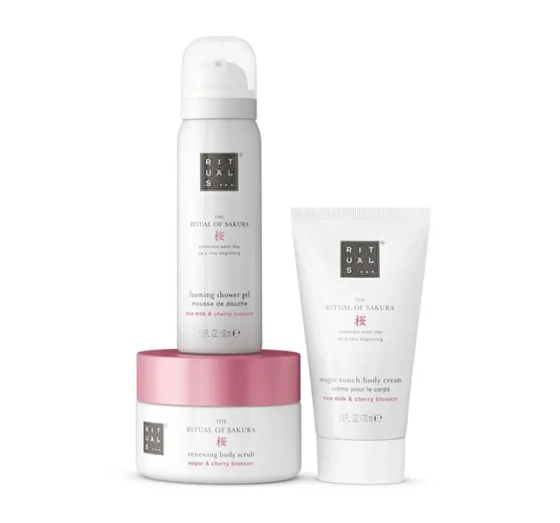 Rituals The Ritual Of Sakura zestaw mini kosmetyków do ciała pianka do mycia 50 ml + scrub 125 g + krem do ciała 70 ml