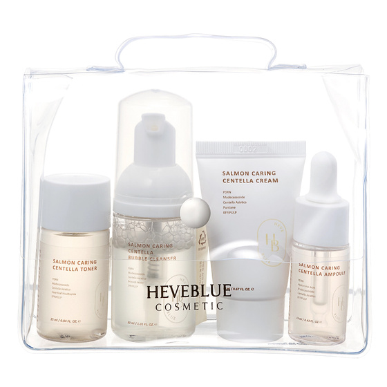 Heveblue Salmon Caring Centella Special Travel Kit Bag zestaw kosmetyków do pielęgnacji pianka 30 ml + tonik 25 ml + ampułka 13 ml + krem 20 ml
